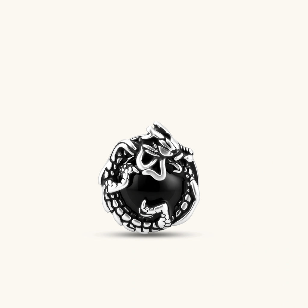 Silver stainless steel stud earring with coiled dragon motif wrapped around a black stone, shown from front and side.