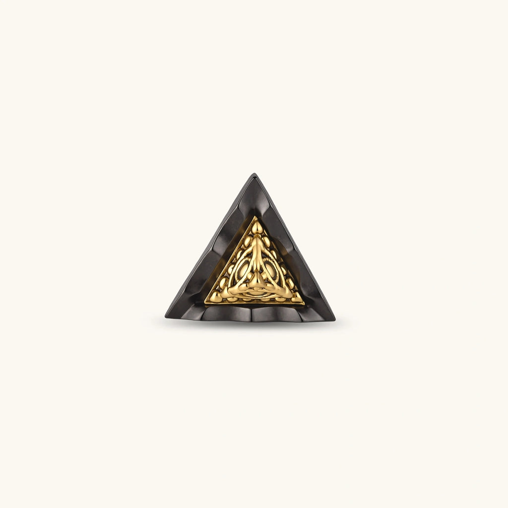 Single triangle stud earring with dark gunmetal outer frame and raised 18K gold-plated ornamental center, post back.