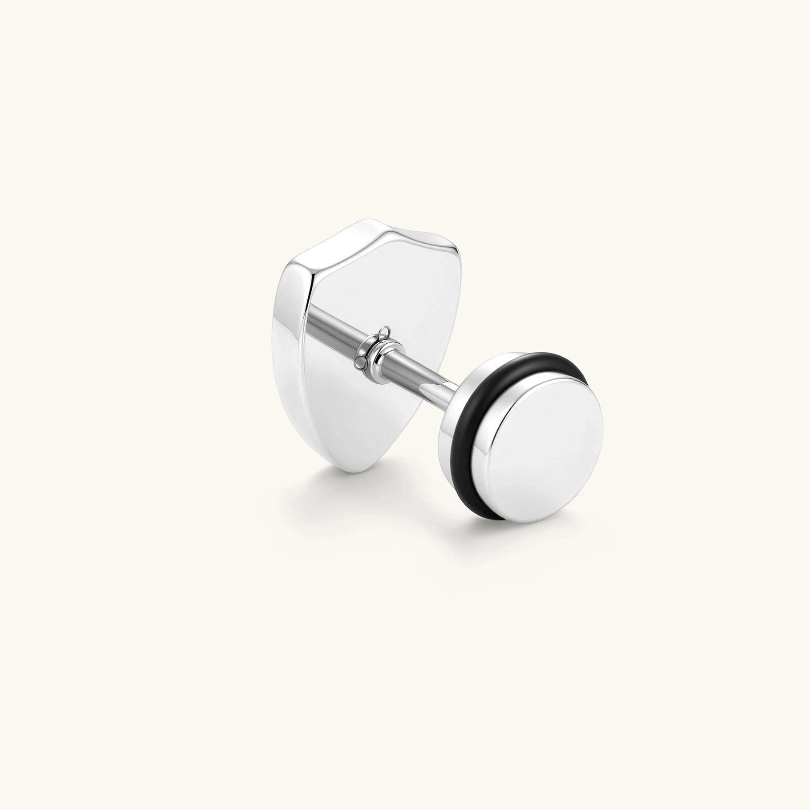 Silver stainless steel shield-shaped stud earring with black enamel and raised Maltese cross, rubber-secured backing.