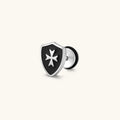 Silver stainless steel shield-shaped stud earring with black enamel and raised Maltese cross, rubber-secured backing.
