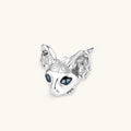 3D sculpted stainless steel Sphynx cat head stud earring with blue CZ eyes and hoop ear details, silver finish.
