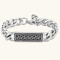 Silver 316L stainless steel curb chain bracelet with black Greek key meander rectangular ID plate, adjustable lobster clasp.