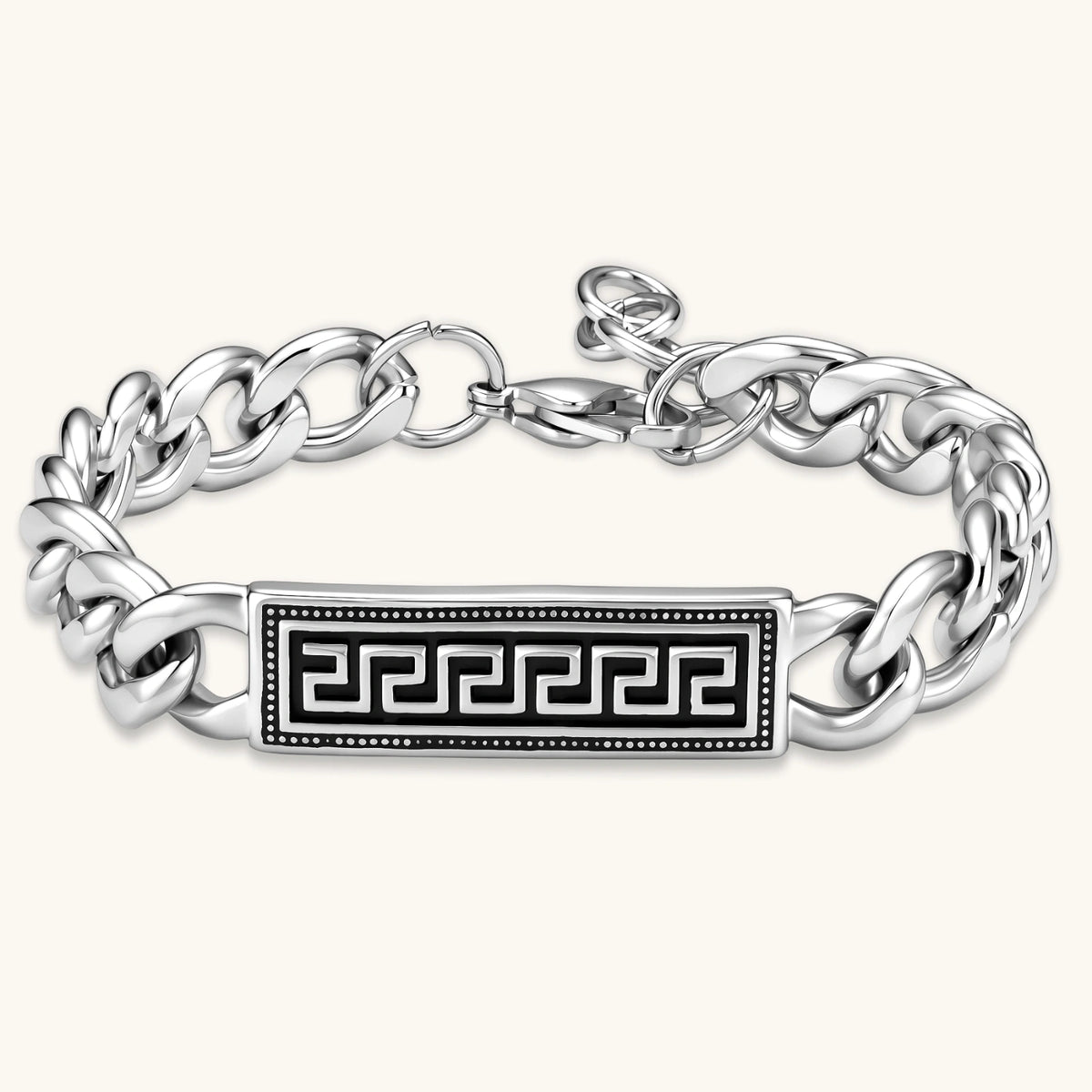 Silver 316L stainless steel curb chain bracelet with black Greek key meander rectangular ID plate, adjustable lobster clasp.