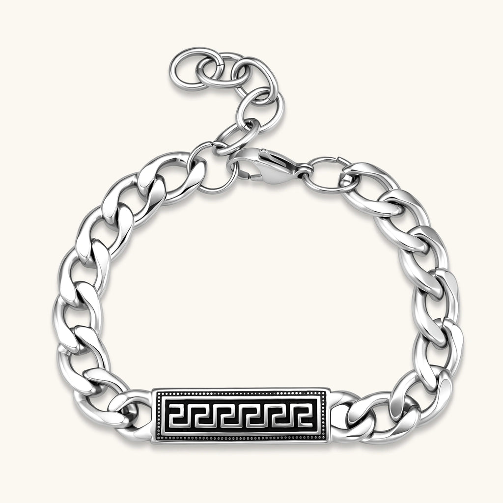 Silver 316L stainless steel curb chain bracelet with black Greek key meander rectangular ID plate, adjustable lobster clasp.