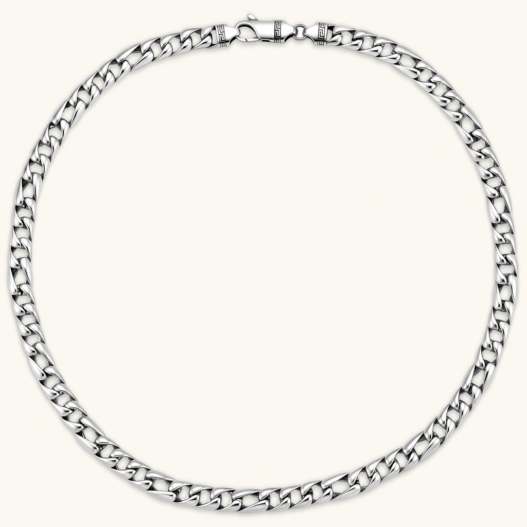 Polished 316L stainless steel Cuban link chain necklace, 9.6mm wide, with Greek key lobster clasp, silver tone.