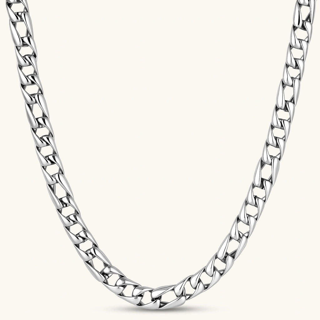 Polished 316L stainless steel Cuban link chain necklace, 9.6mm wide, with Greek key lobster clasp, silver tone.