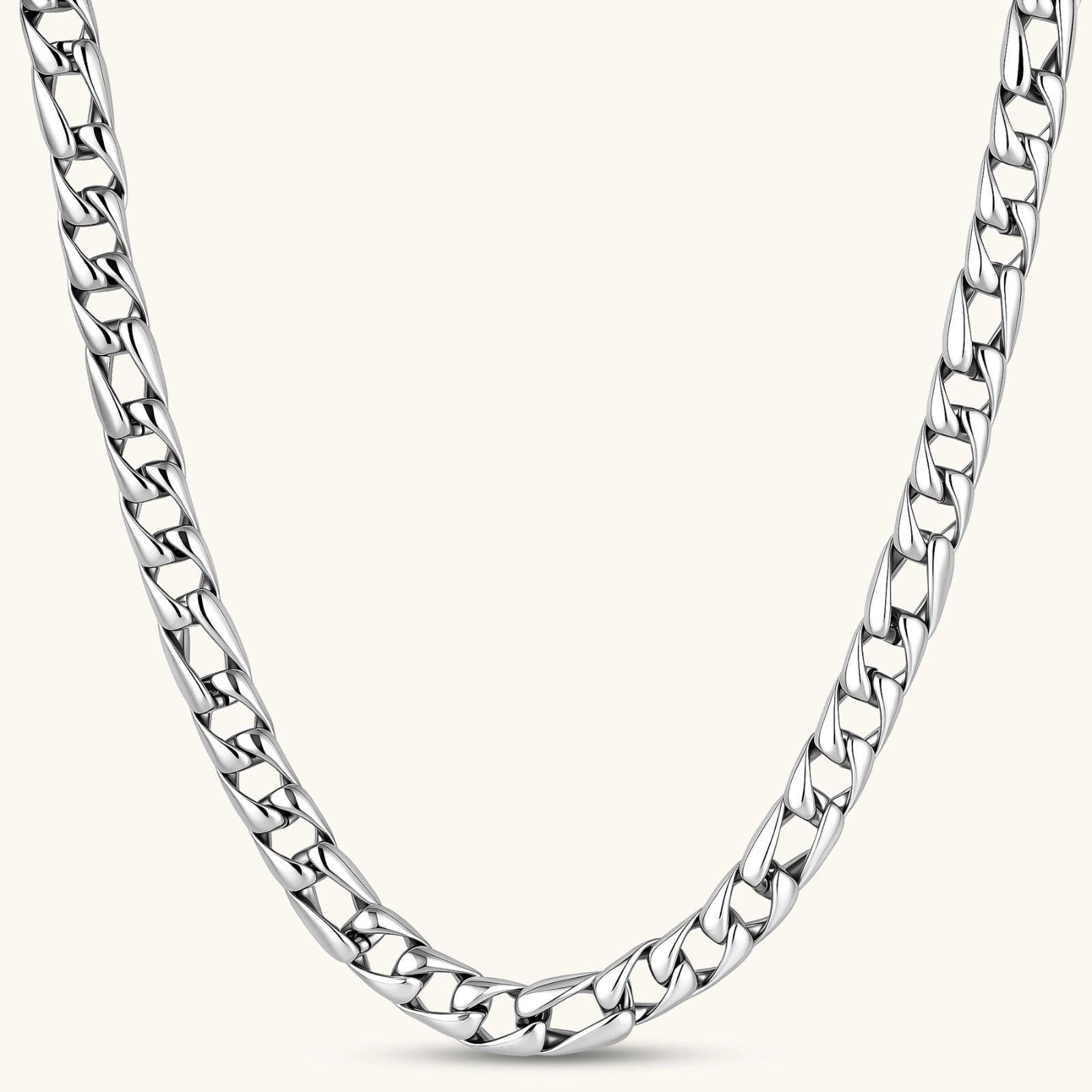 Polished 316L stainless steel Cuban link chain necklace, 9.6mm wide, with Greek key lobster clasp, silver tone.