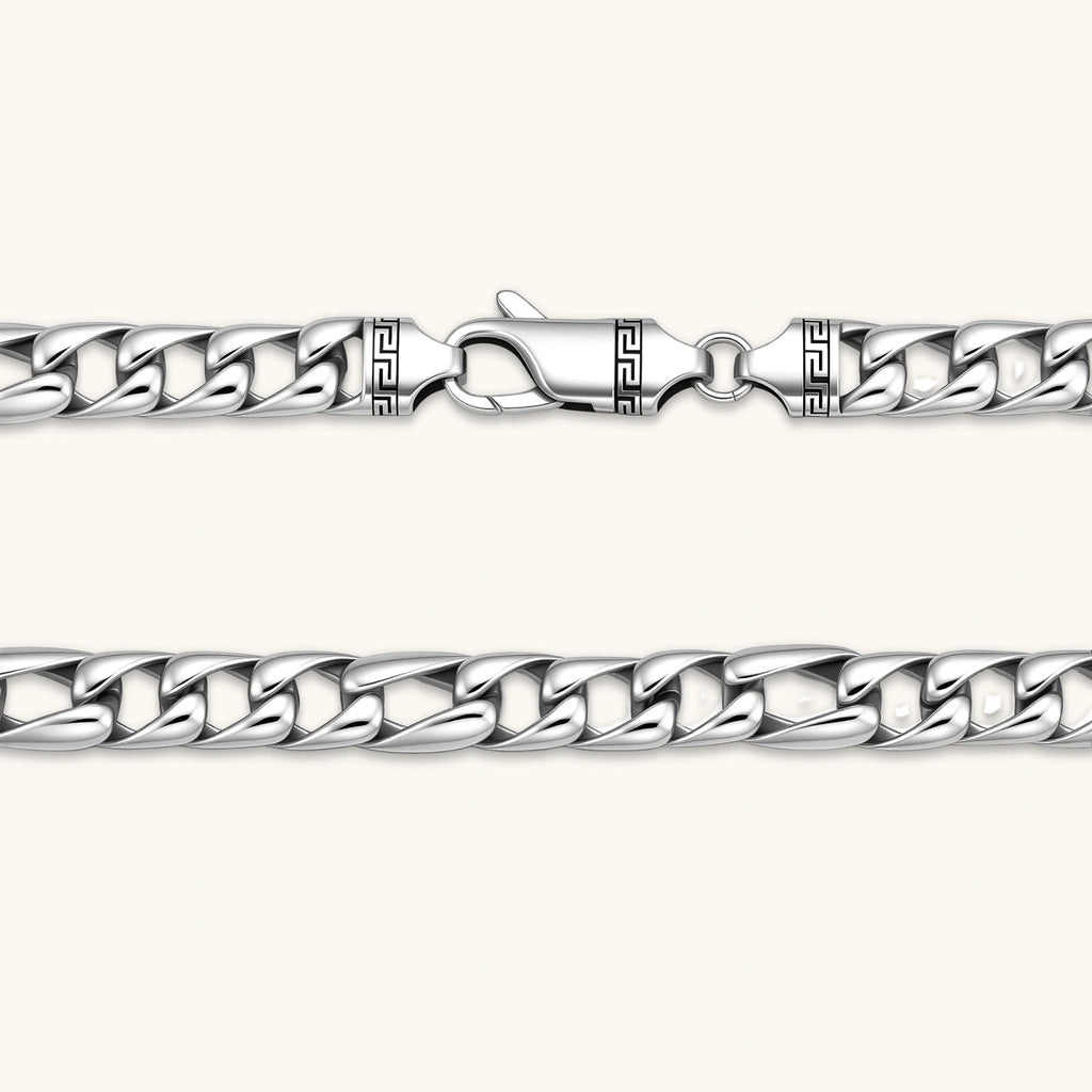 Polished 316L stainless steel Cuban link chain necklace, 9.6mm wide, with Greek key lobster clasp, silver tone.
