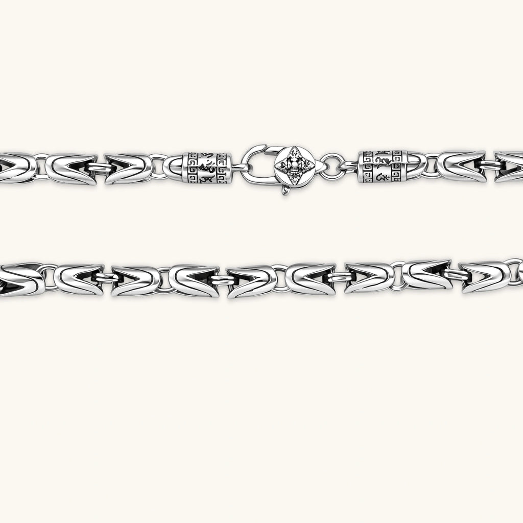 Men's antique silver Byzantine chain necklace, 6.2mm wide interlocking S-link pattern with ornate lobster clasp, 560mm length.