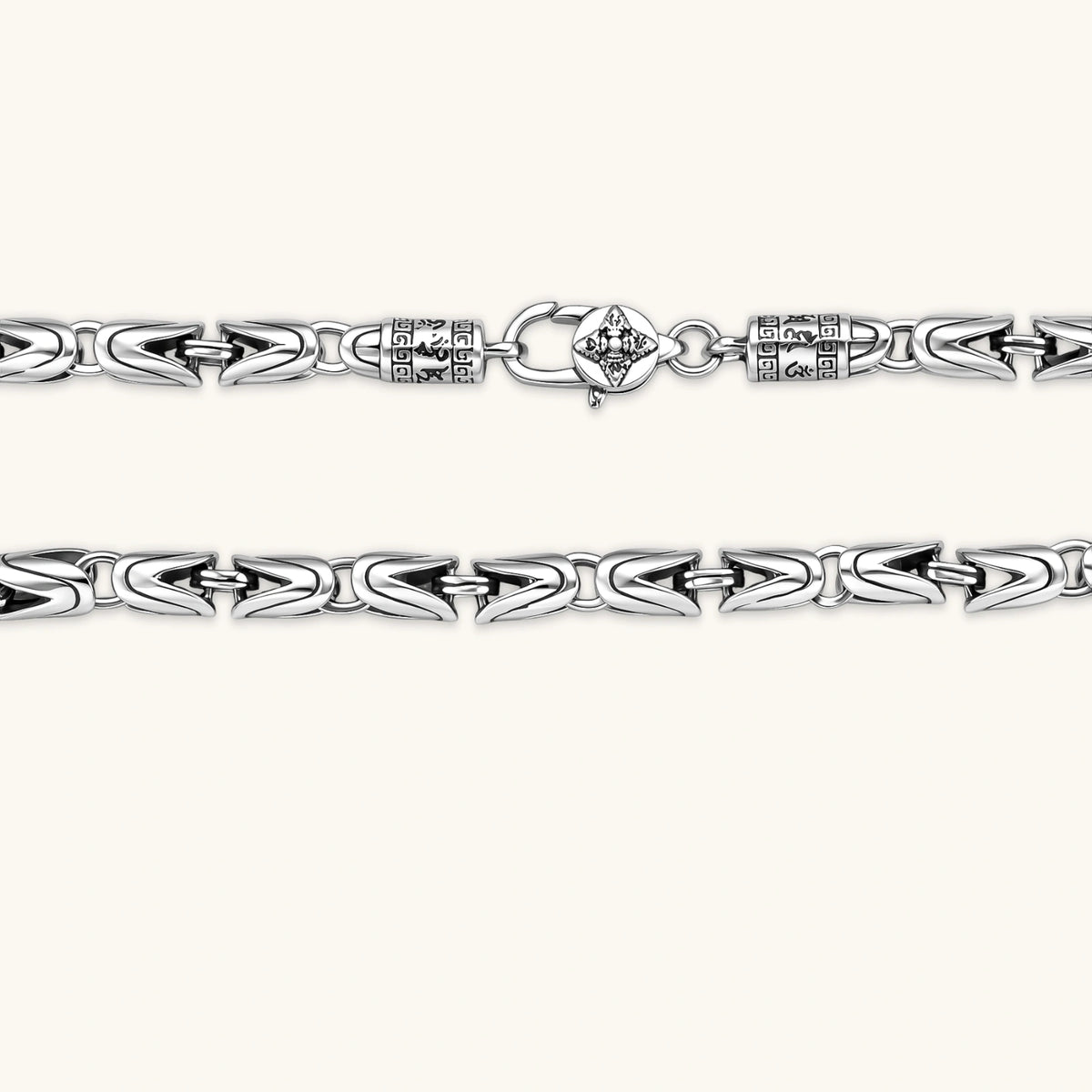 Men's antique silver Byzantine chain necklace, 6.2mm wide interlocking S-link pattern with ornate lobster clasp, 560mm length.