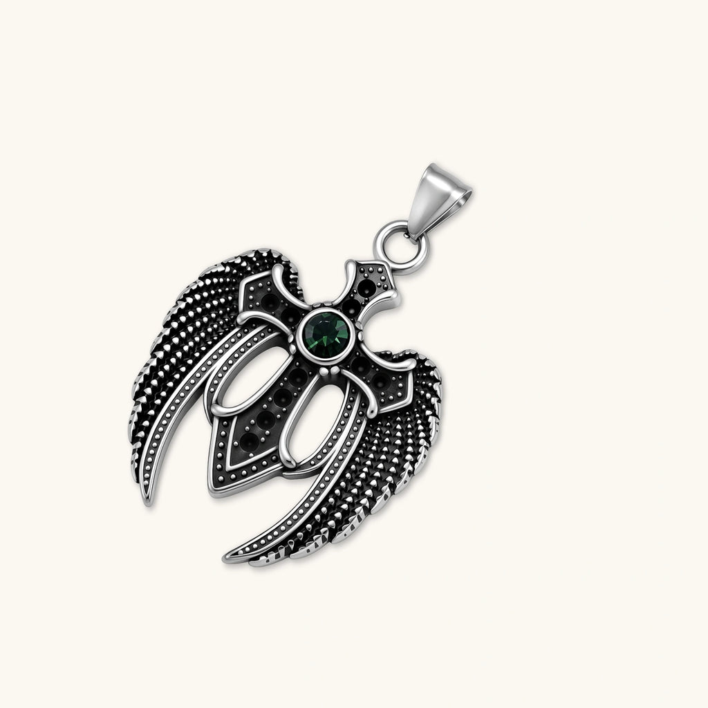 Silver stainless steel angel wing cross pendant necklace with green CZ center stone and black crystals on a box chain.