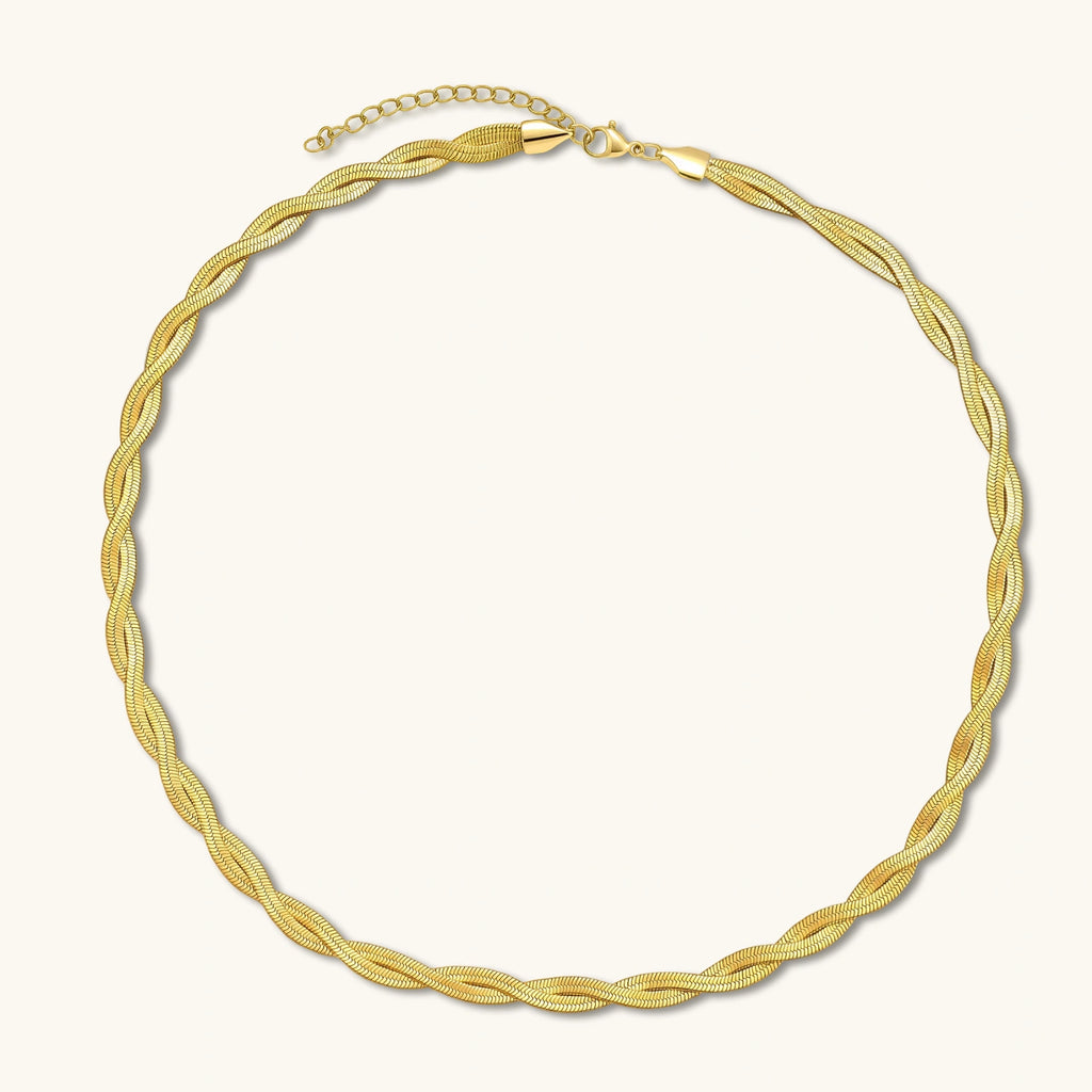 18K gold-plated twisted double herringbone snake chain necklace with lobster clasp and extender on white background.