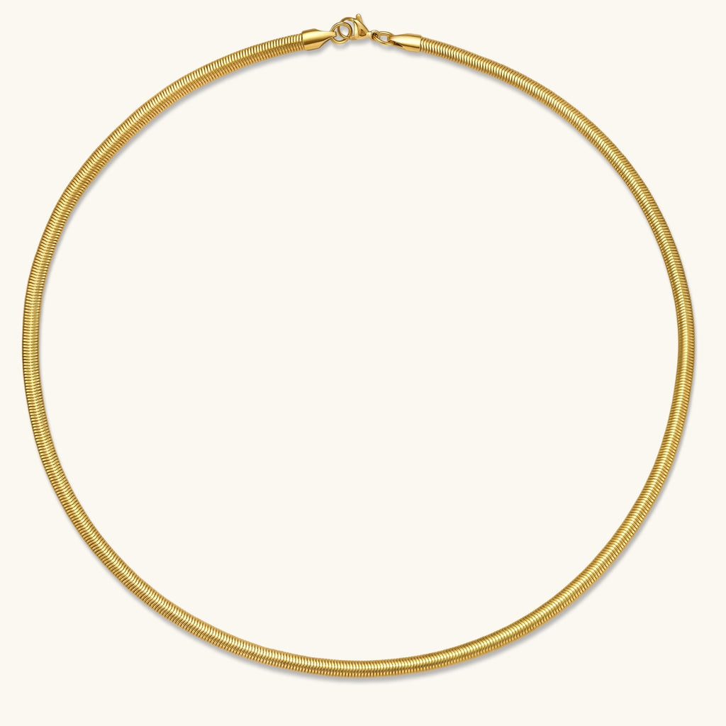 Two-tone twisted necklace with interlocked gold and silver ribbed snake chains, 6mm wide, on a white background.