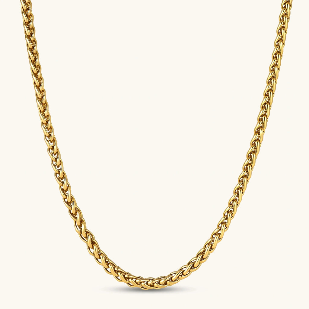 18K gold-plated stainless steel wheat chain necklace, 4.2mm wide, with lobster clasp, on off-white background.