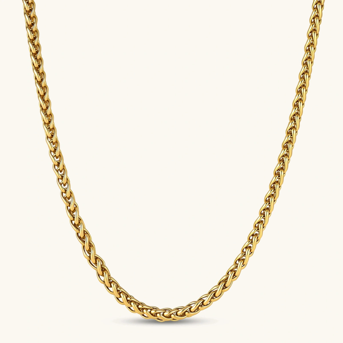 18K gold-plated stainless steel wheat chain necklace, 4.2mm wide, with lobster clasp, on off-white background.