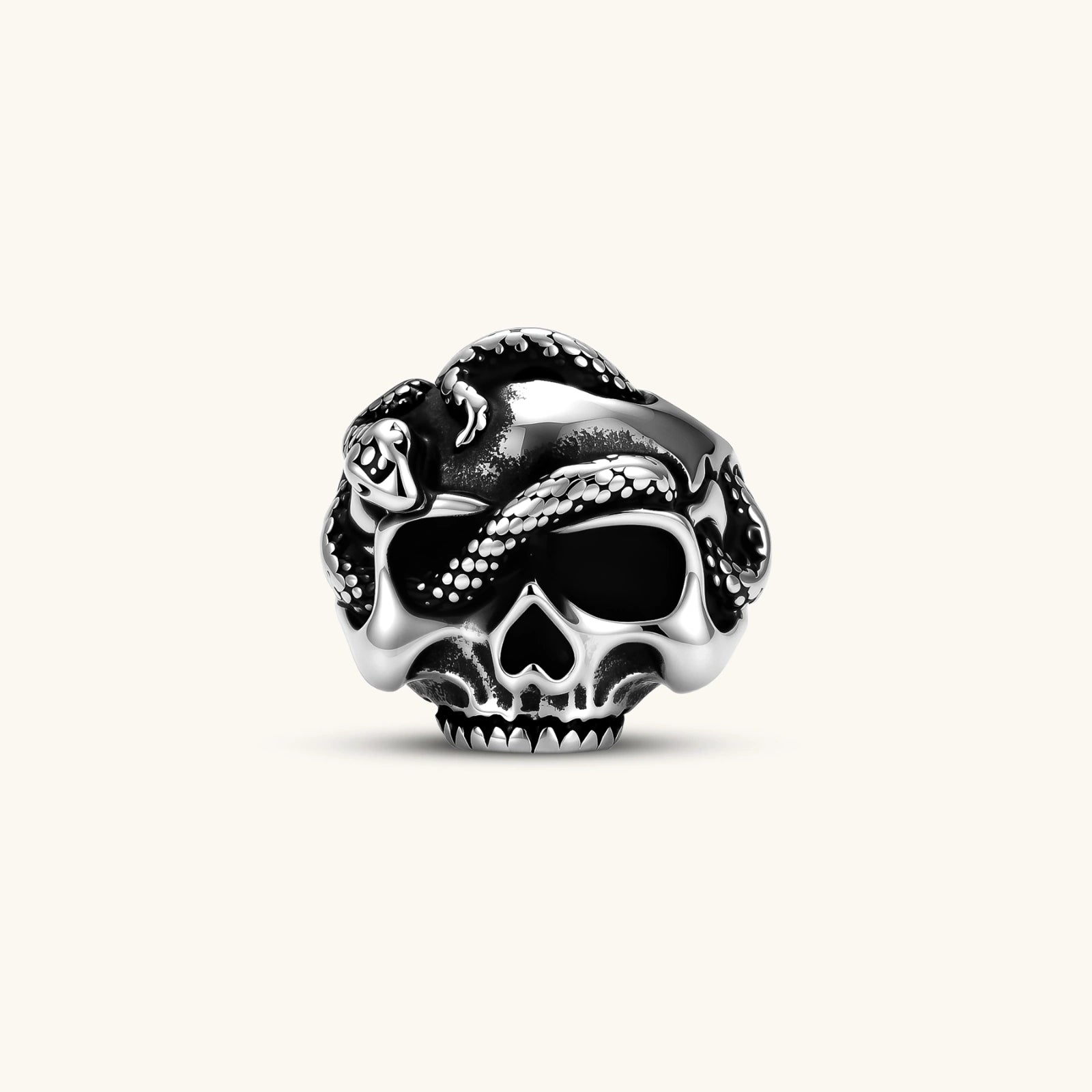 Silver stainless steel ring with bold skull face and coiled snake wrapping the crown, blackened recessed details.