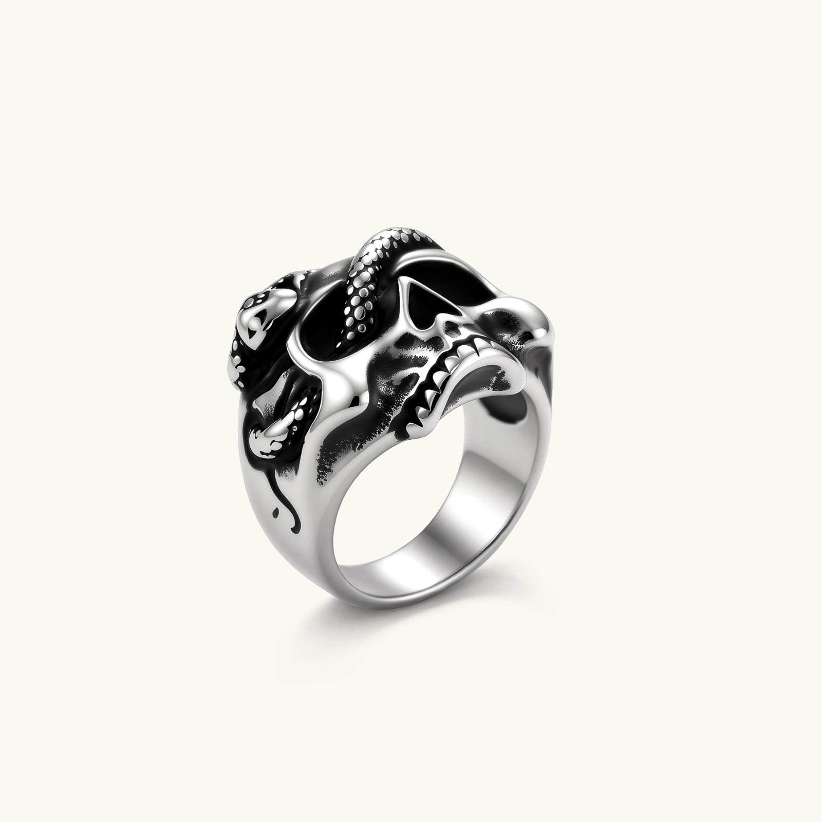 Silver stainless steel ring with bold skull face and coiled snake wrapping the crown, blackened recessed details.