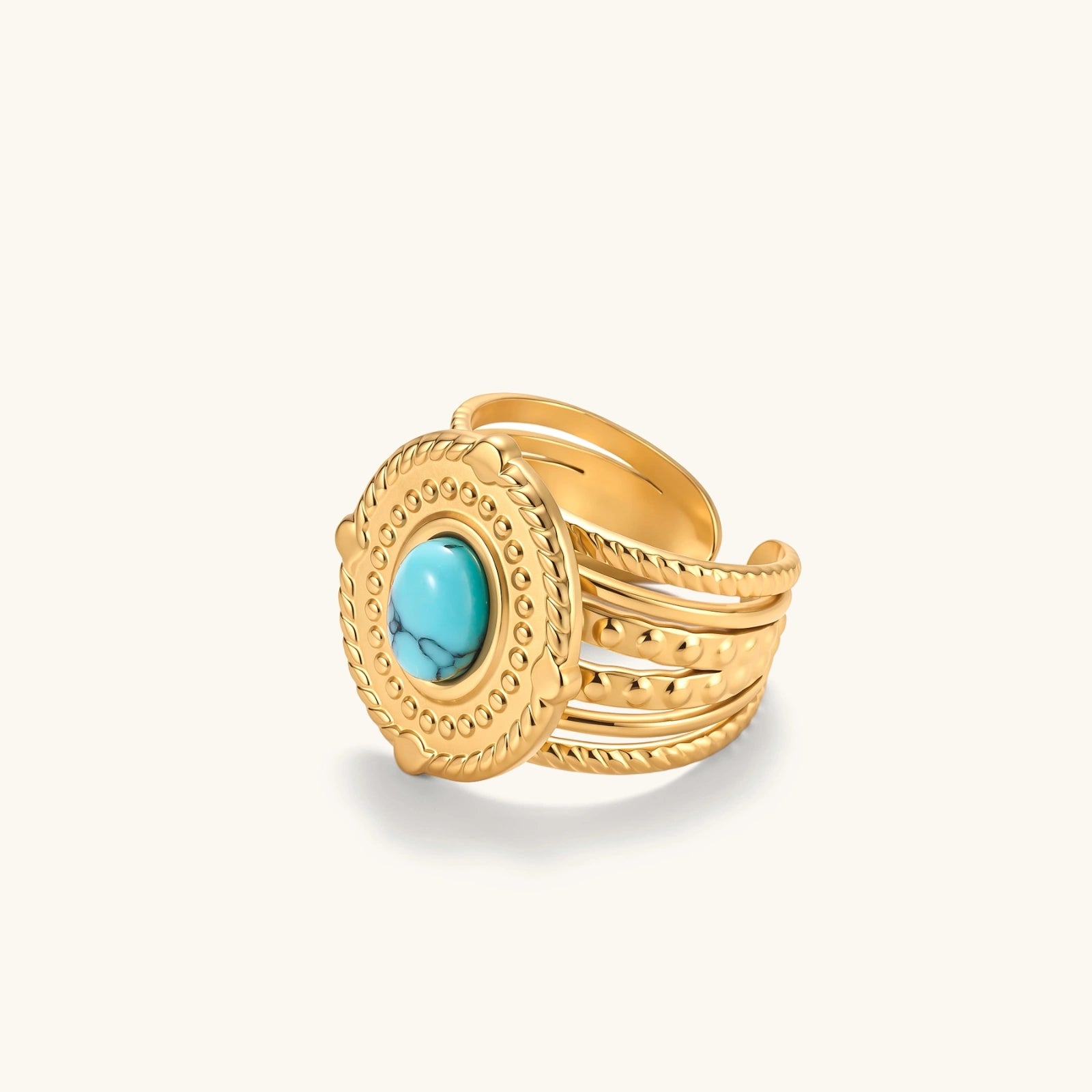 18K gold PVD stainless steel open signet ring with round turquoise cabochon, rope-twist border, beaded detail, multi-band shank.