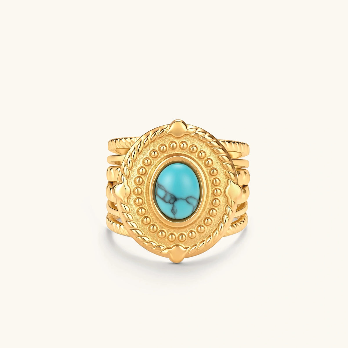 18K gold PVD stainless steel open signet ring with round turquoise cabochon, rope-twist border, beaded detail, multi-band shank.